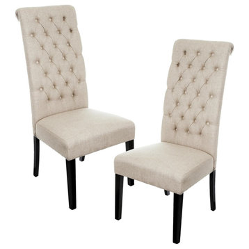 Set of 2 Dining Chair, Padded Seat With Diamond Button Tufted Back, Dark Beige