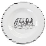 Paseo Road by HiEnd Accents - Ranch Life Melamine Salad Plate, 4 Piece - Our Ranch Life Melamine Salad Plate is a playful way to add Western charm to your dining table. Depicting an image of grazing horses in the middle, it comes in a versatile black-and-white colorway and is finished with a classic ticking stripe border. Complete a rich rustic dining ensemble when you coordinate with other dinnerware in our Ranch Life Collection.