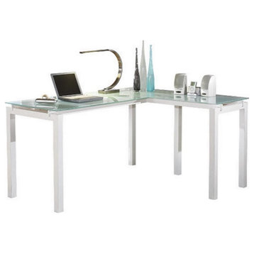 Bowery Hill Modern Tempered Glass/Metal L-Shaped Desk in White