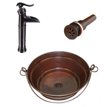 15" Round Copper Bucket Vessel Bath Sink With 13" Pump Faucet & Daisy Drain