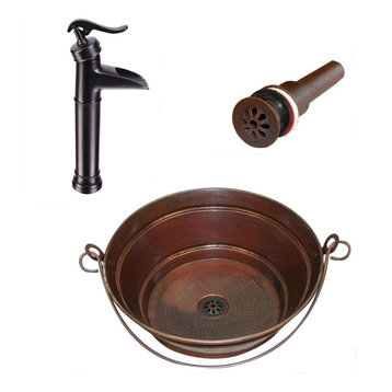 15" Round Copper Bucket Vessel Bath Sink With 13" Pump Faucet & Daisy Drain