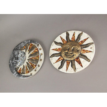 Set Of 2 Cement Sun Moon Stone Sculpture Hanging Garden Walkway Decorative Art