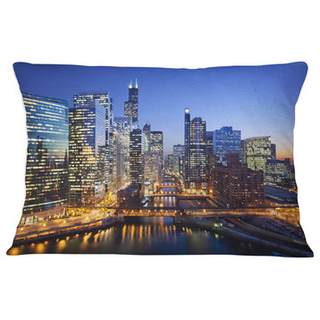 Chicago River with Bridges at Sunset Cityscape Throw Pillow, 12"x20"
