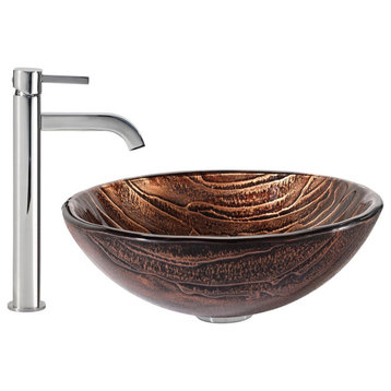 Above Counter Bathroom Sink & Faucet, Patterned Brown Vessel, Chrome