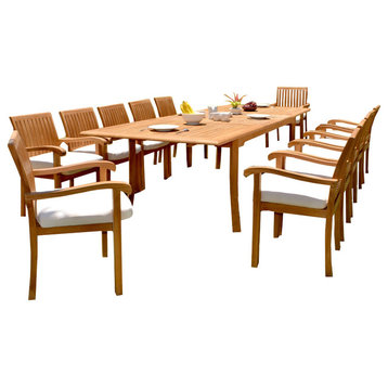 13 Piece Teak Dining Set, 117" Double Rectangle Table, 12 Nain Stacking Chairs