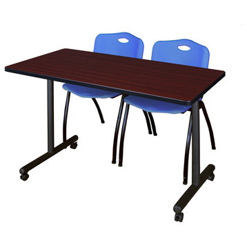48" x 24" Kobe Mobile Training Table- Mahogany & 2 'M' Stack Chairs- Blue