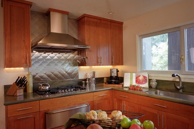 Kitchen - small contemporary medium tone wood floor kitchen idea in San Francisco with recessed-panel cabinets, marble countertops and stainless steel appliances
