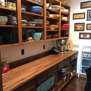 This is an example of a mid-sized traditional galley kitchen pantry in Minneapolis with shaker cabinets, medium wood cabinets, wood benchtops, stainless steel appliances, with island, laminate floors and brown floor.
