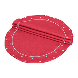 Xia Home Fashions - Polka Dot Embroidered Easy Care Placemats, 16" Round, Red, Set of 4 - Placemats