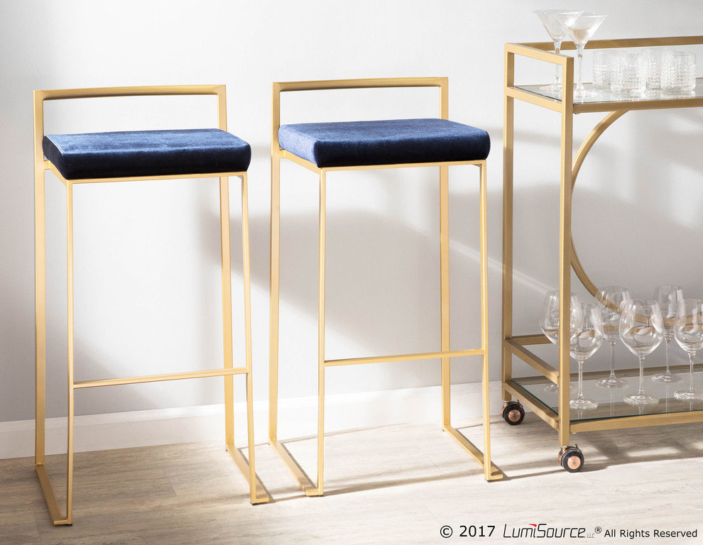 LumiSource Fuji Barstool, Gold With Blue Velvet, Set of 2