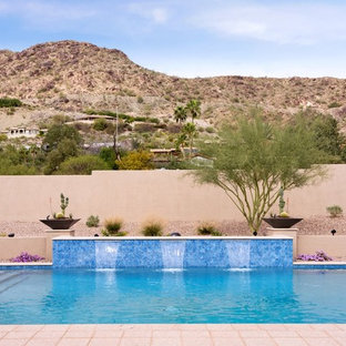 フェニックスの大きい長方形サンタフェスタイルのおしゃれな裏庭プール (天然石敷き) の写真