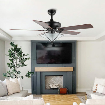 Moravia 52" 5-Light Farmhouse Rustic Shade LED Ceiling Fan With Remote, Black
