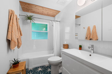Bathroom - mid-sized scandinavian kids' white tile and ceramic tile porcelain tile, green floor, single-sink and wood ceiling bathroom idea in Portland with white cabinets, quartz countertops, white countertops, a niche and a freestanding vanity