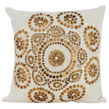 White Throw Pillow Covers 16"x16" Cotton, Gold Charm Circle