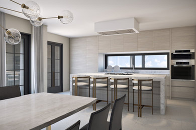 This is an example of a mid-sized contemporary single-wall eat-in kitchen in Miami with an undermount sink, flat-panel cabinets, beige cabinets, marble benchtops, stainless steel appliances, ceramic floors, with island and beige floor.