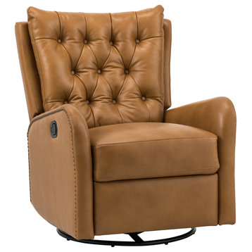 Transitional Genuine Leather Manual Swivel Recliner, Camel