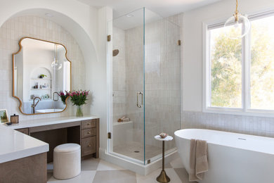 Example of a huge transitional master white tile and porcelain tile porcelain tile and single-sink bathroom design in San Diego with shaker cabinets, brown cabinets, an undermount sink, a hinged shower door, white countertops and a built-in vanity