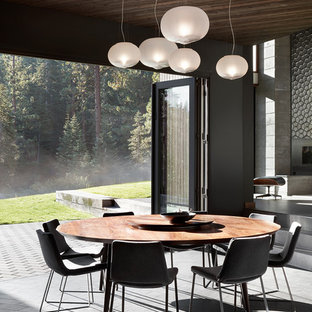 Offenes, Geräumiges Modernes Esszimmer mit Porzellan-Bodenfliesen, Gaskamin, gefliestem Kaminsims, grauem Boden und grauer Wandfarbe in San Francisco