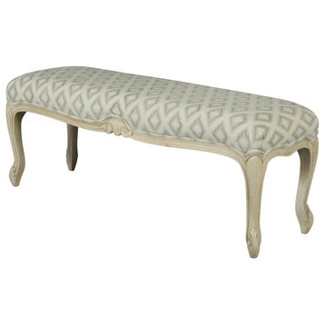 Vintage Accent Bench, Carved Wood Base & Beige Seat With Gray Diamond Pattern