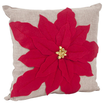 Holiday 3D Poinsettia Christmas Decorative Throw Pillow, 17"x17", Red