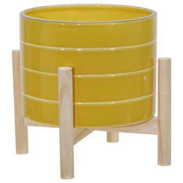 8" Ceramic Striped Planter With Wood Stand, Yellow
