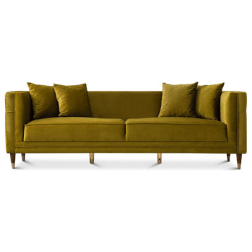 Nova Mid-Century Modern Luxury Tight Back Velvet Sofa, Mustard Yellow
