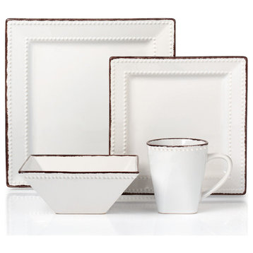 16 Piece Square Beaded Stoneware Dinnerware set by Lorren Home Trends, White