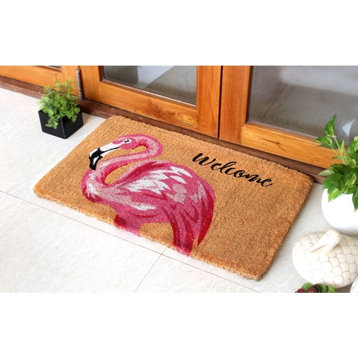 Pink Handloom Woven Pink Flamingo Welcome Coir Doormat, 18"x30"