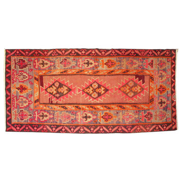 Geometric Oriental Traditional Wool Pink and Brown Kilim Runner Rug