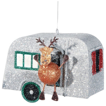 Vintage Inspired Glittery Holiday RV Trailer Reindeer Christmas Ornament