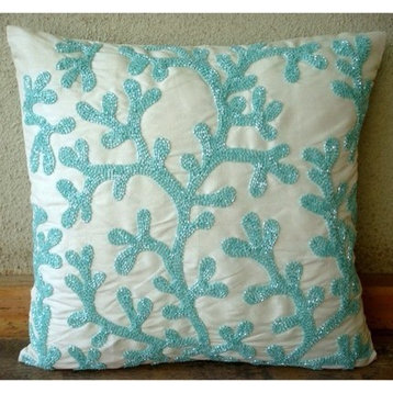 Aqua Blue Large Pillow Cover Art Silk 24x24 Corals Sea Weeds, Sea Weeds