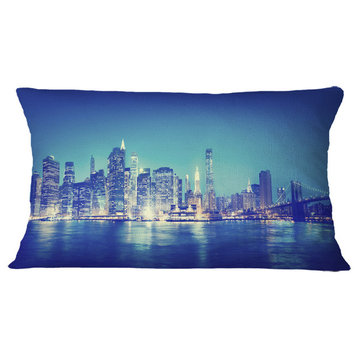 Blue New York City At Night Panorama Cityscape Throw Pillow, 12"x20"