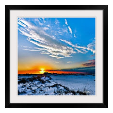 "Red Sun White Cloud Blue Sand Hills Landscape" Black Framed Art Print, 32"x3