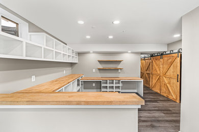 Inspiration for a mid-sized country walk-out vinyl floor and gray floor basement remodel in DC Metro with gray walls