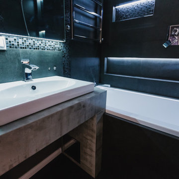 Trendy bathroom in dark color with LED lighting and sound system