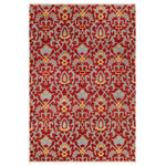 Bareens Designer Rugs - Oriental Ziegler Rosalee Red Blue Hand-Knotted Wool Rug - 6'1'' x 8'10'' - Enhance the ambiance of your home with this magnificent Persian-influenced Turkish hand-knotted rug made by skilled artisans capable of creating the most exceptional vegetable dyes and hand-spun wool. This exquisite handmade rug is a one-of-a-kind Peshawar Kafkaz, otherwise identified as Chobi, Chobi Peshawar, Oushak, or Ziegler rug. These handmade rugs are crafted in Pakistan utilizing superior-quality wool imported from Australia, New Zealand, and Korea in two types of weaves: the Persian weave and the Mori weave. This rug is meticulously crafted by hand using the finest natural vegetable dyes extracted from local plants. The artisans use a blend of hand-spun local and fine merino wool, resulting in a rug with a compelling texture, higher lanolin content, and longer staple. The artisans occasionally incorporate natural or artificial silk into the pile to enhance specific motifs. The finished product is an awe-inspiring execution of flawless design and an understated palette that exudes elegance.