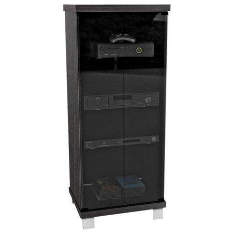 CorLiving Holland Black Engineered Wood Tall Narrow Media Cabinet w/ Glass Doors