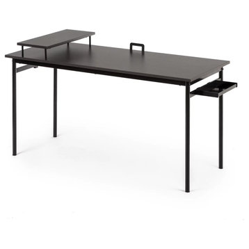 Modern Desk, Metal Frame With Spacious Top & Side Storage Area, Espresso Finish