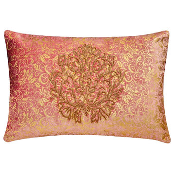 Pink Velvet Foil, Damask & Zardozi 12"x16" Lumbar Pillow Cover - Mumtaaz