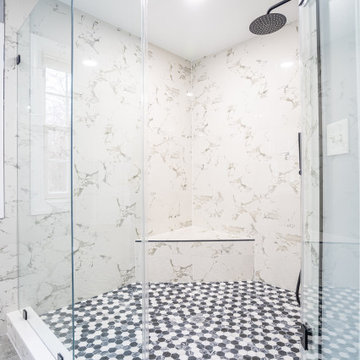 Master Bathroom Remodeled With White Flooring, Bathtub, Shower, Highland MD