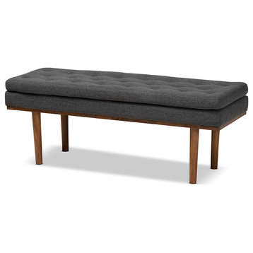 Arne Mid-Century Modern Dark Gray Fabric Upholstered Walnut Finished Bench