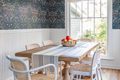 Inspiration for a transitional medium tone wood floor, brown floor and wainscoting dining room remodel in Denver with multicolored walls