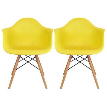 Set of 2 Modern Dining Plastic Side Chairs with Wood Wooden Cross Metal Legs, Yellow