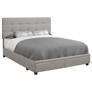Bed - Queen Size, Grey Linen With 2 Storage Drawers