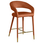Meridian Furniture - Destiny Counter Stool, Cognac, Velvet - Settle in for a meal with friends seated in this Destiny velvet stool. Soft cognac velvet upholstery makes this stool a sleek and inviting option for pairing with your favorite counter table. The rounded back adds comfort to mealtime and lends the stool a chic, eye-grabbing touch, while tapered legs topped with gold tips give the stool an elegant finish.