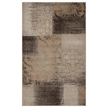 4' X 6' Beige Gray And Black Damask Distressed Stain Resistant Area Rug
