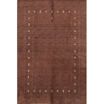 Gabbeh Contemporary Modern Hand-Knotted Oriental Area Rug, Brown, 9'9"x6'9"