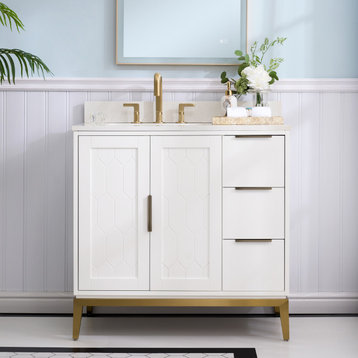 Alison Freestanding Bathroom Vanity with Italian Carrara White Marble Top, White, 36"