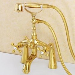 Antique Brass Golden Double Handles Bridge Bathtub Faucet with Hand Shower FTB39 - Bathtub Faucets