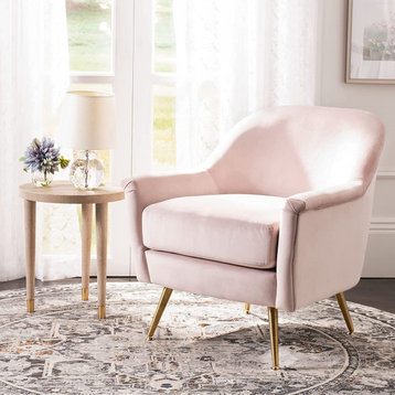 Comfortable Armchair, Brass Metal Legs With Velvet Upholstered Seat, Blush Pink